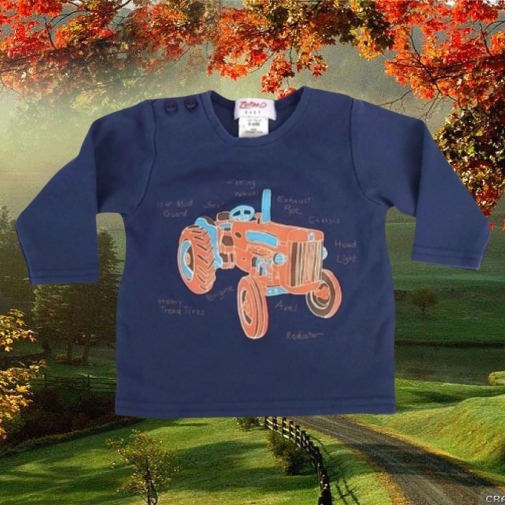 Baby 0-6 Months Vintage Tractor Long Sleeve Tee 100% Cotton Tshirt Navy Blue